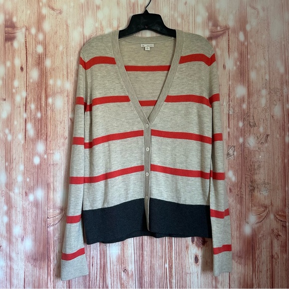 GAP Sweaters - Gap Oatmeal Wool Blend Orange Stripe V Neck Cardigan